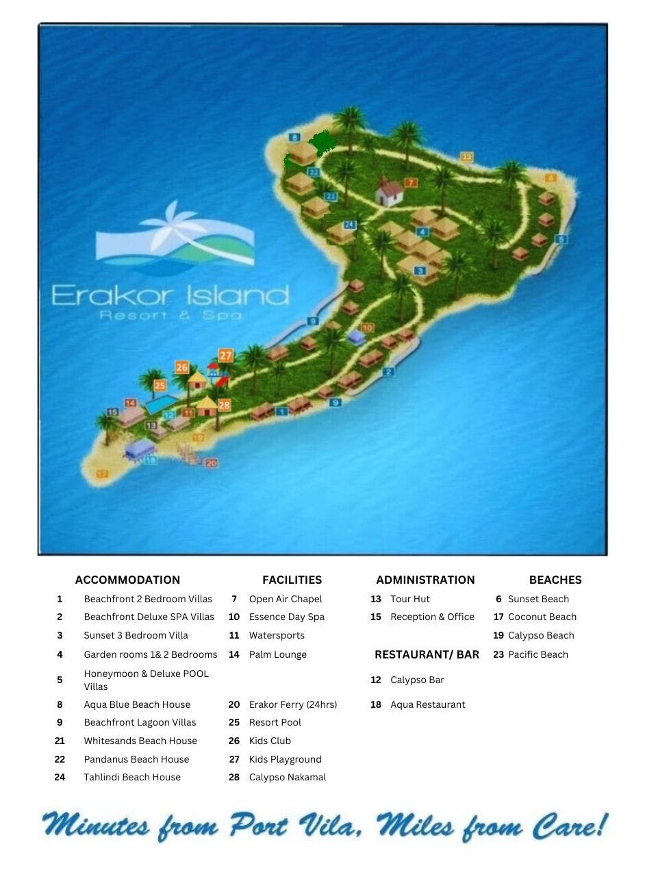 Map of Erakor Island Resort showing accommodation, facilities, restaurants and beaches